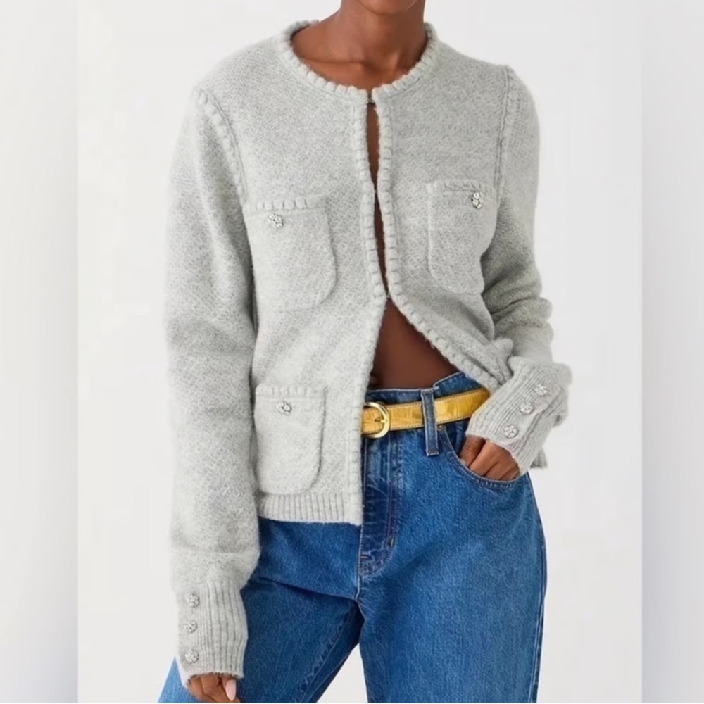 J. CREW Odette Preppy Wool Alpaca Blend Grey Pockets Front Cardigan Sweater XS